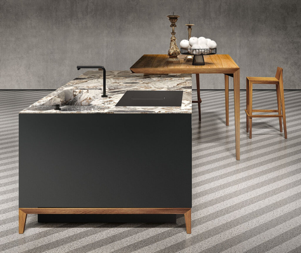 SEI with Black Fenix solid Elm table and Ocean Storm Marble top